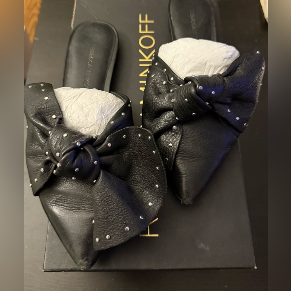 Rebecca Minkoff Alexis Stud Black Bow Slides Size 6.5